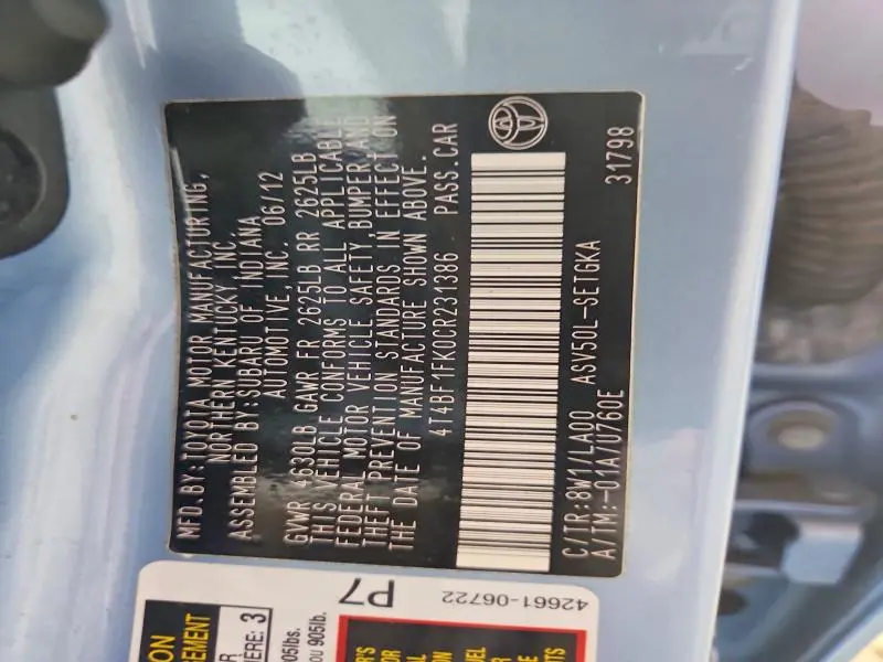 2012 TOYOTA CAMRY XLE  