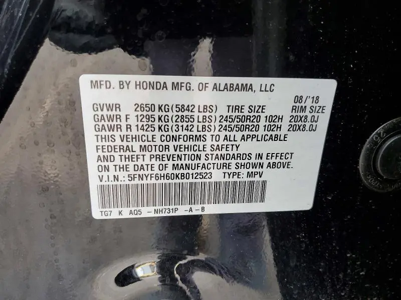 2019 HONDA PILOT TOURING  