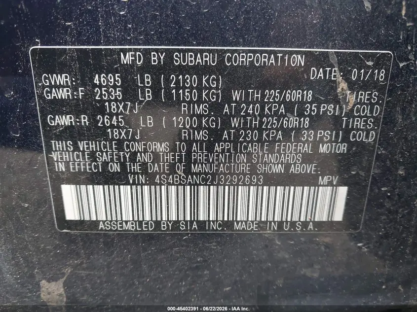 2018 SUBARU OUTBACK 2.5I LIMITED