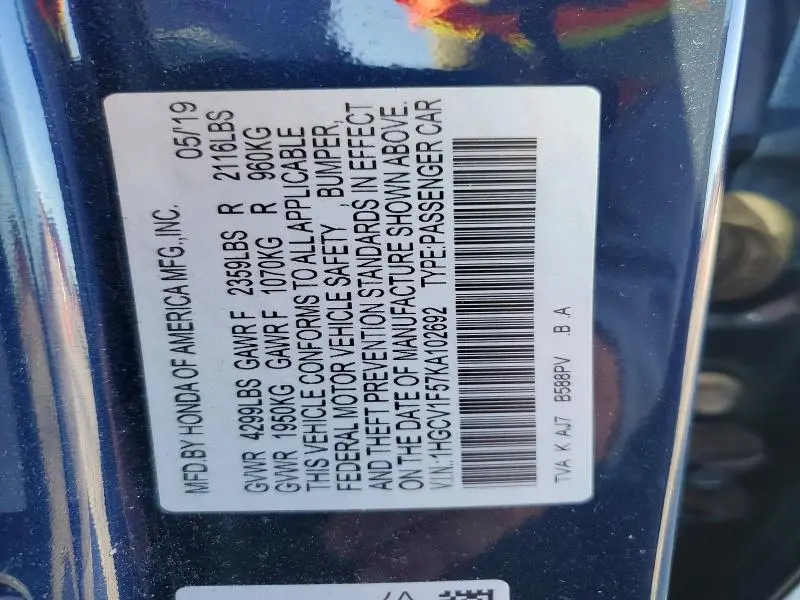 2019 HONDA ACCORD EXL  