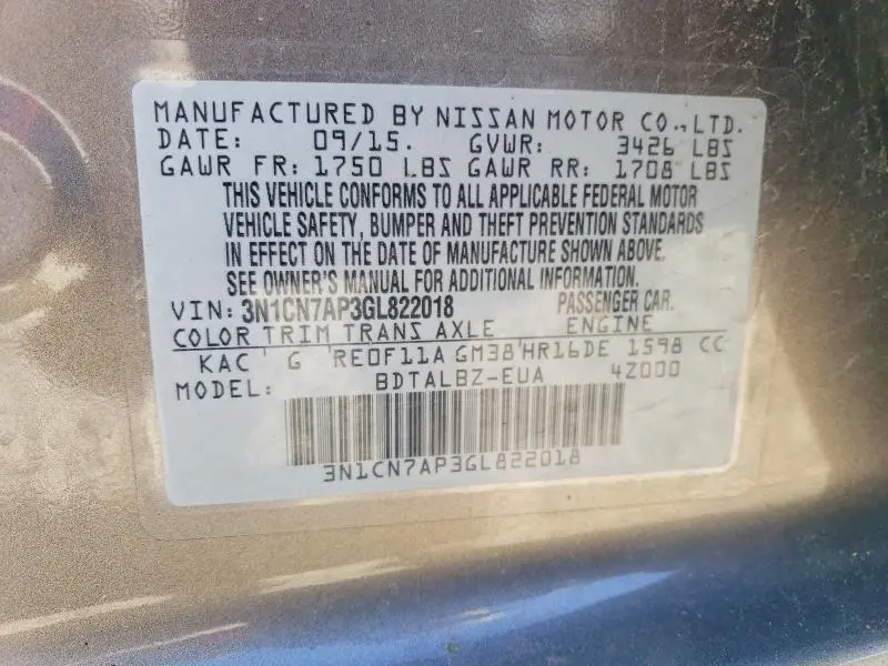 2016 NISSAN VERSA 1.6 SV  