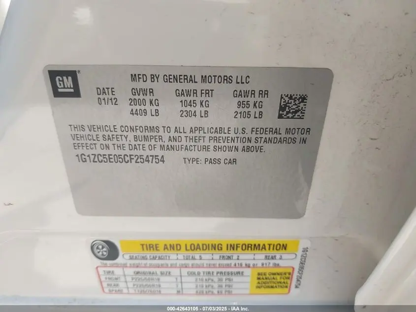 2012 CHEVROLET MALIBU 1LT