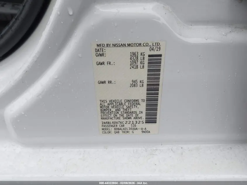 2019 NISSAN ALTIMA 2.5 SV