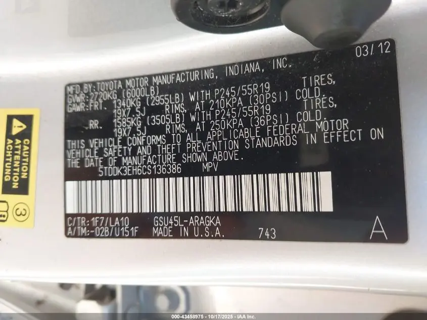 2012 TOYOTA HIGHLANDER LIMITED V6