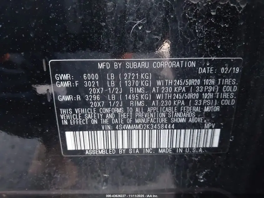 2019 SUBARU ASCENT LIMITED