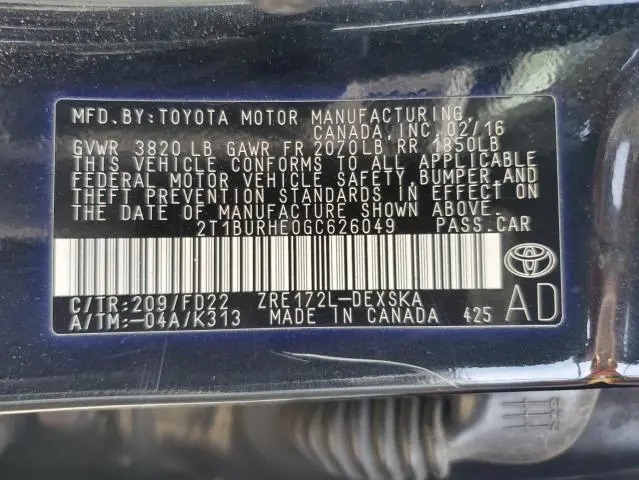 2016 TOYOTA COROLLA L  