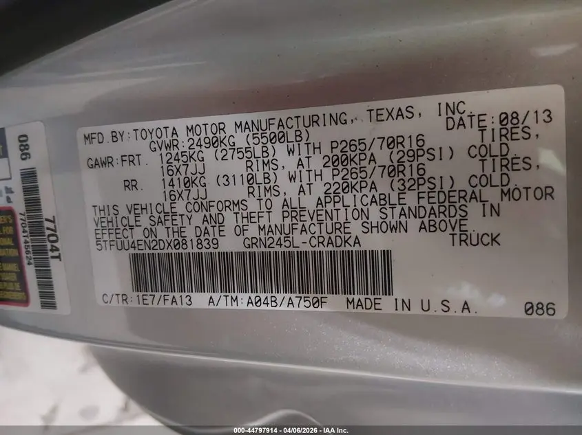 2013 TOYOTA TACOMA BASE V6