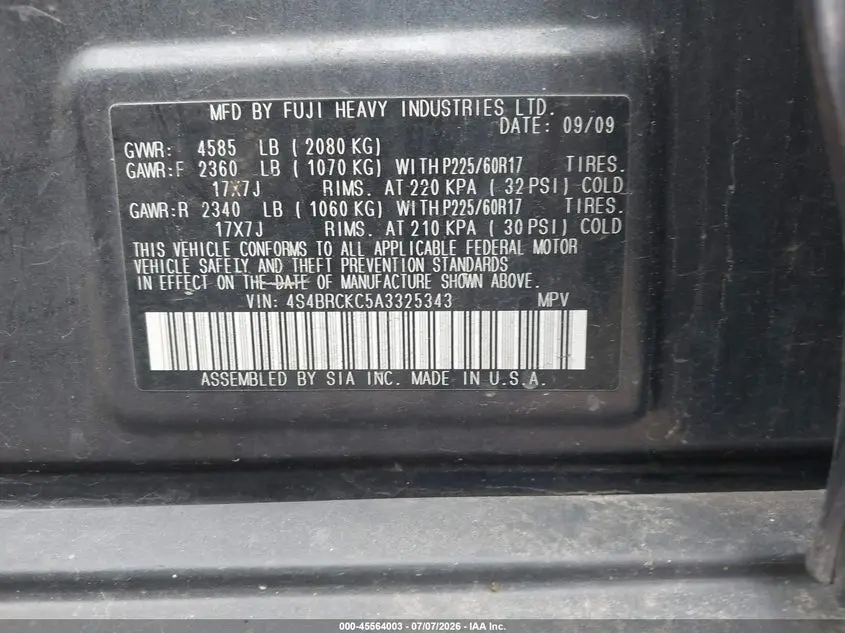 2010 SUBARU OUTBACK 2.5I LIMITED