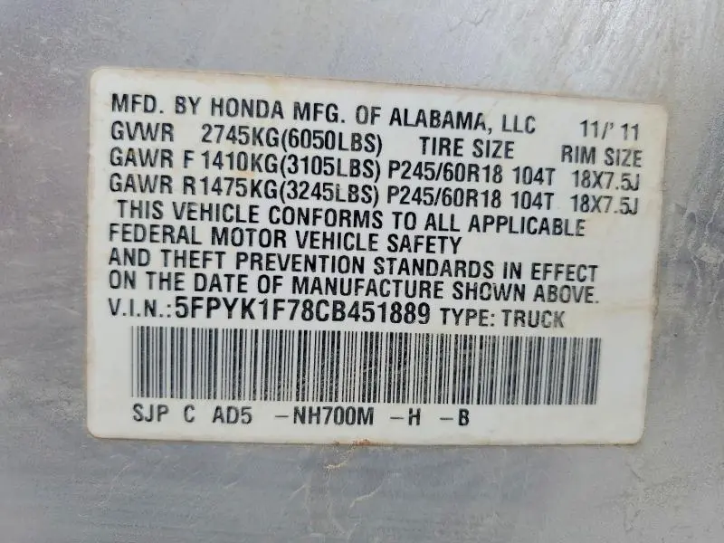 2012 HONDA RIDGELINE SPORT  