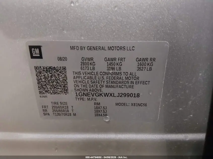 2020 CHEVROLET TRAVERSE AWD LT CLOTH