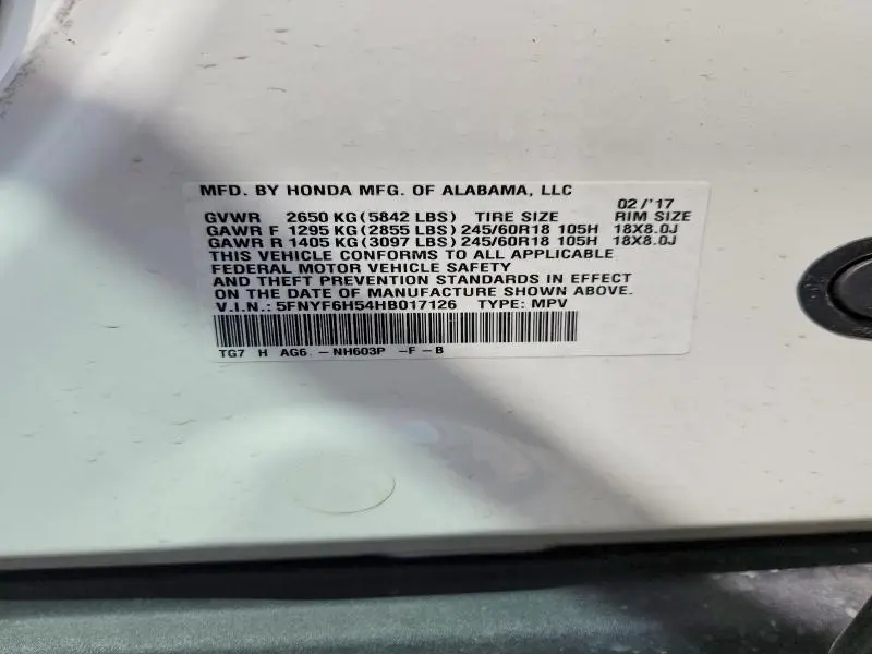 2017 HONDA PILOT EXL  