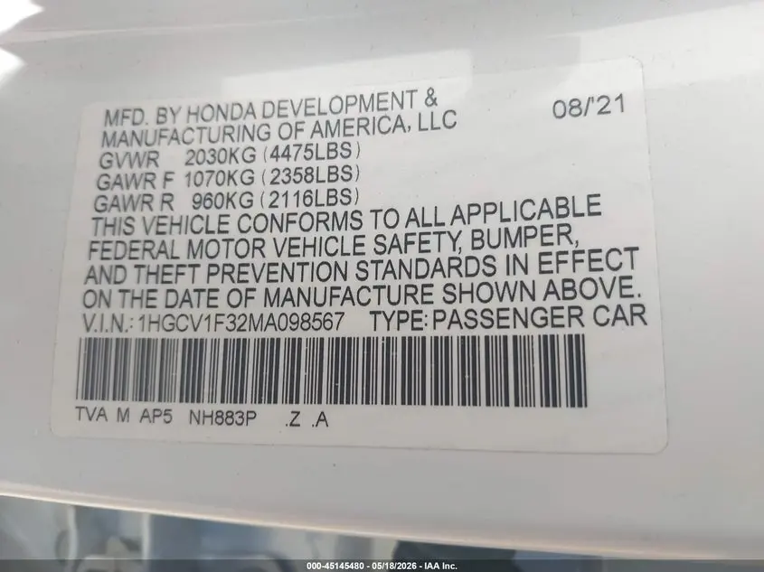 2021 HONDA ACCORD SPORT