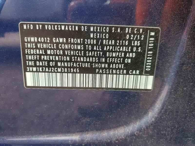 2012 VOLKSWAGEN JETTA BASE  