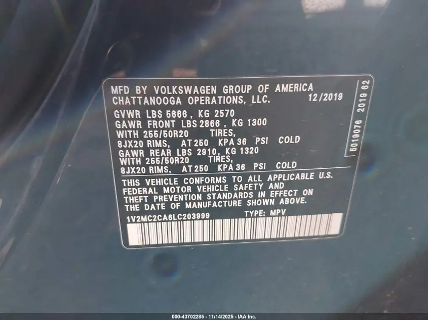 2020 VOLKSWAGEN ATLAS CROSS SPORT 2.0T SEL/2.0T SEL PREMIUM/2.0T SEL PREMIUM R-LINE/2.0T SEL R-LINE