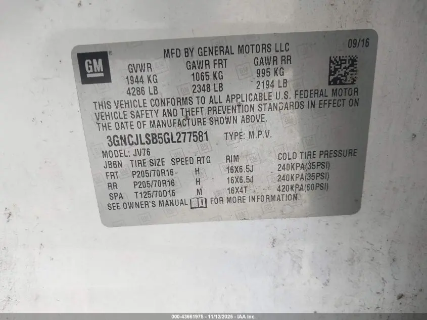 2016 CHEVROLET TRAX LT