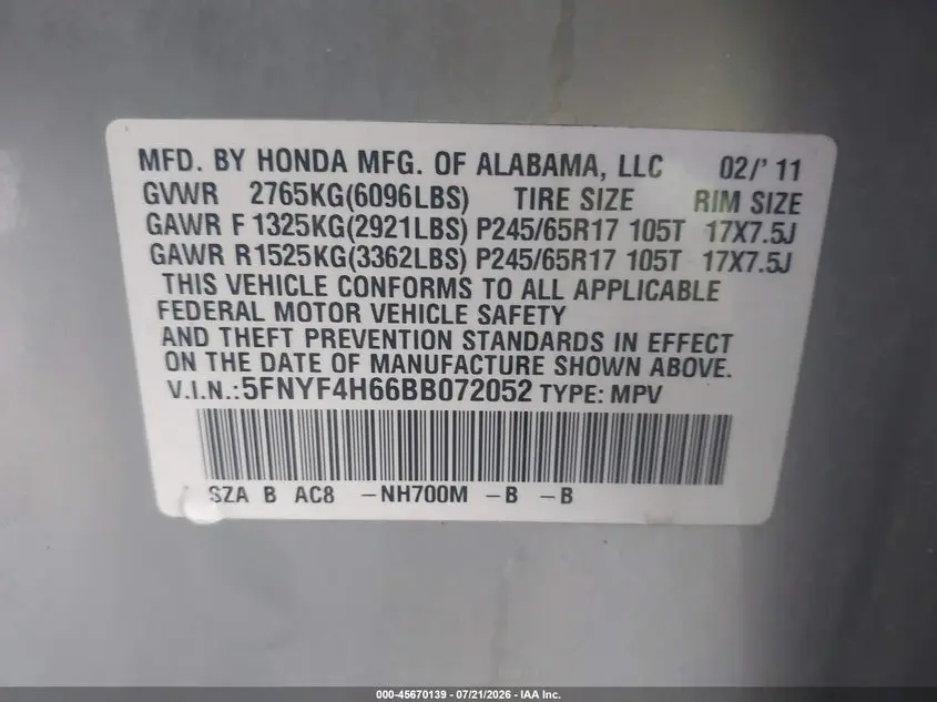 2011 HONDA PILOT EX-L