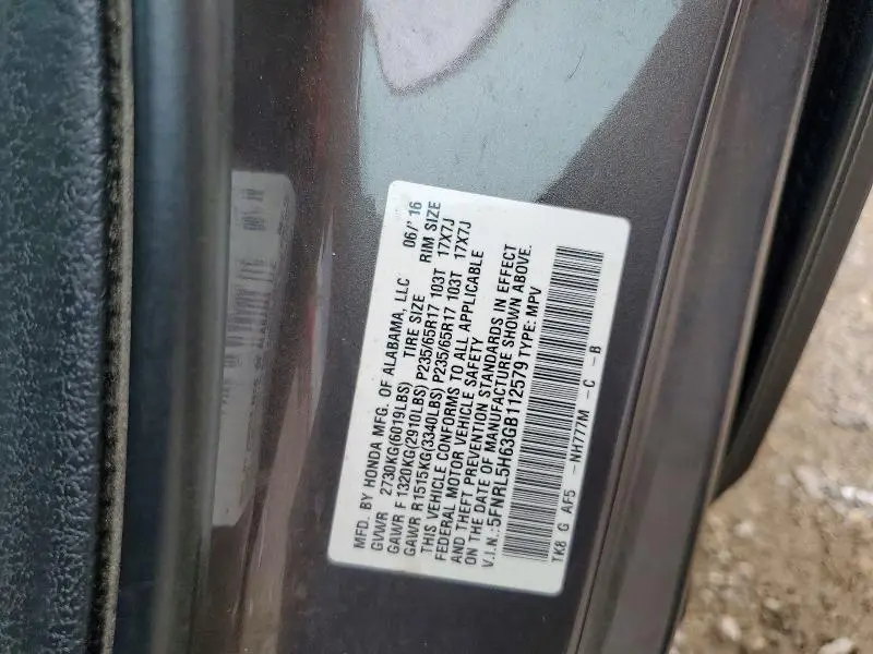 2016 HONDA ODYSSEY EXL  