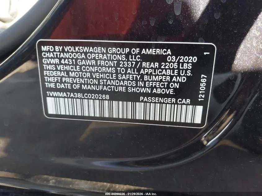 2020 VOLKSWAGEN PASSAT 2.0T R-LINE