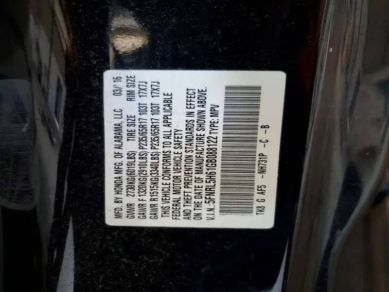 2016 HONDA ODYSSEY EXL  