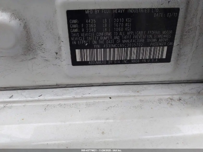 2012 SUBARU LEGACY 2.5I PREMIUM