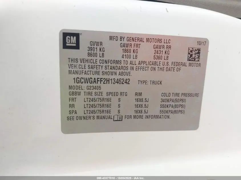 2017 CHEVROLET EXPRESS 2500 WORK VAN