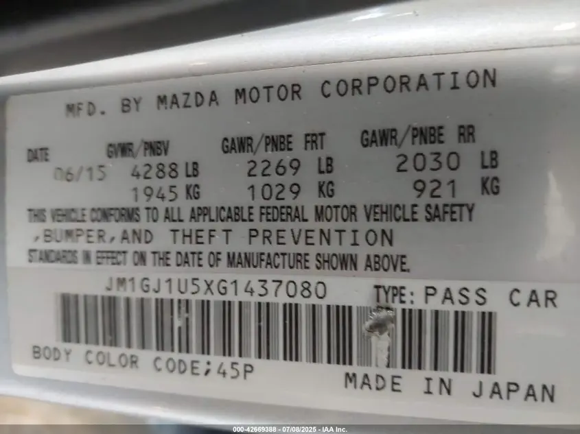 2016 MAZDA MAZDA6 I SPORT