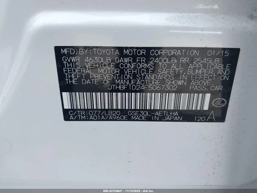 2015 LEXUS IS 250 CRAFTED LINE