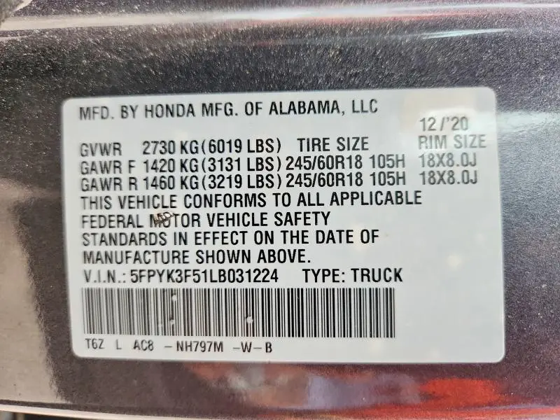 2020 HONDA RIDGELINE RTL  