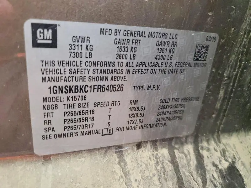 2015 CHEVROLET TAHOE K1500 LT  
