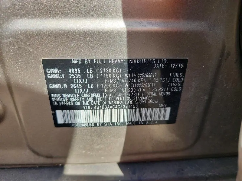 2016 SUBARU OUTBACK 2.5I  
