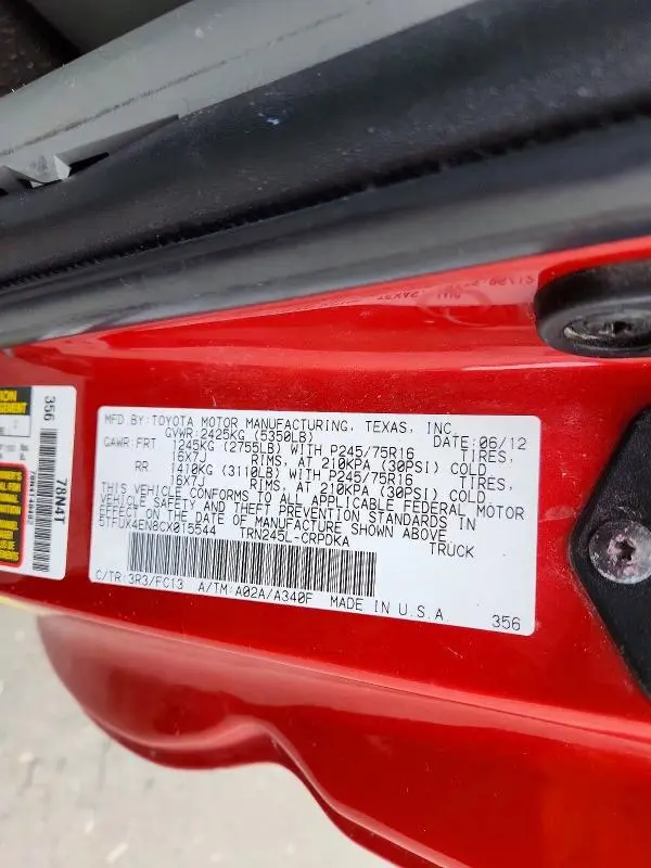 2012 TOYOTA TACOMA BASE  