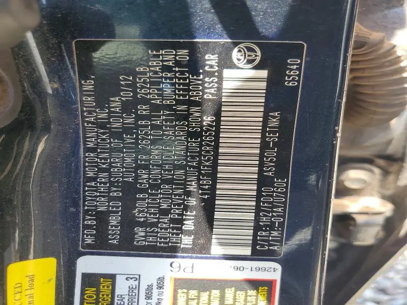 2012 TOYOTA CAMRY LE  