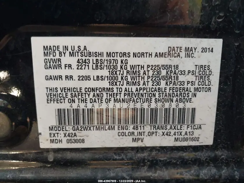 2014 MITSUBISHI OUTLANDER SPORT ES