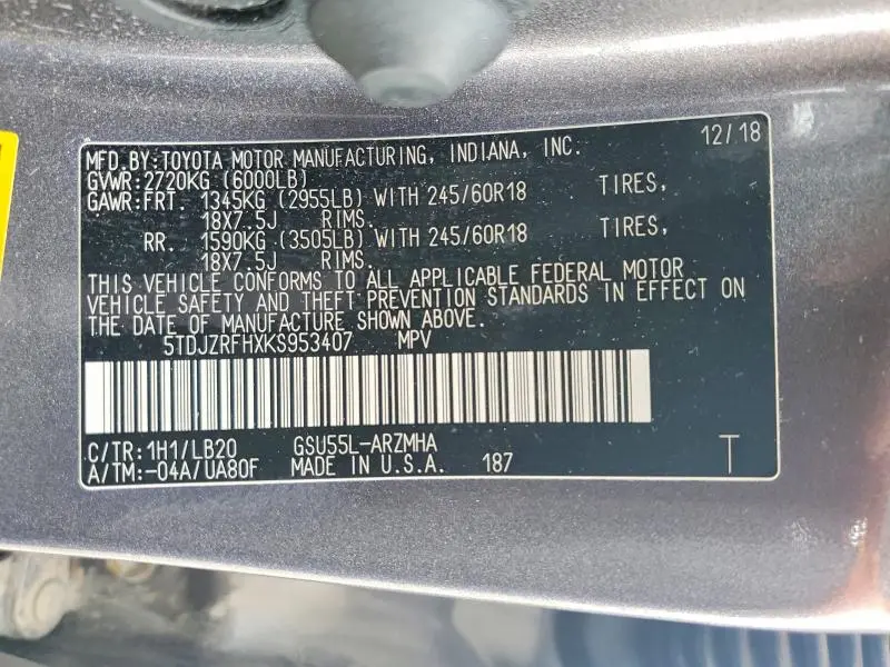 2019 TOYOTA HIGHLANDER XLE  