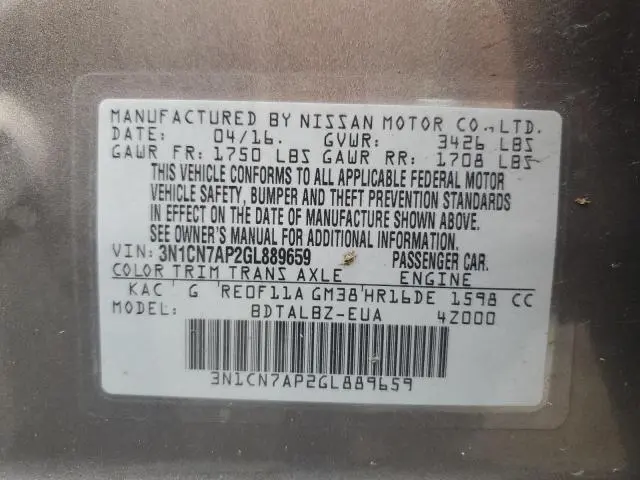 2016 NISSAN VERSA S  