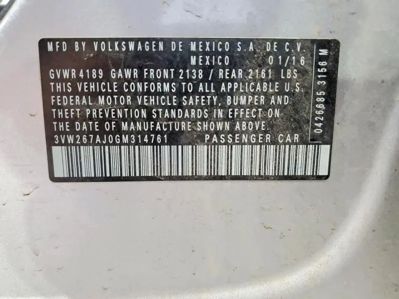 2016 VOLKSWAGEN JETTA S  