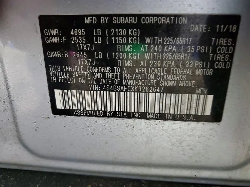 2019 SUBARU OUTBACK 2.5I PREMIUM  