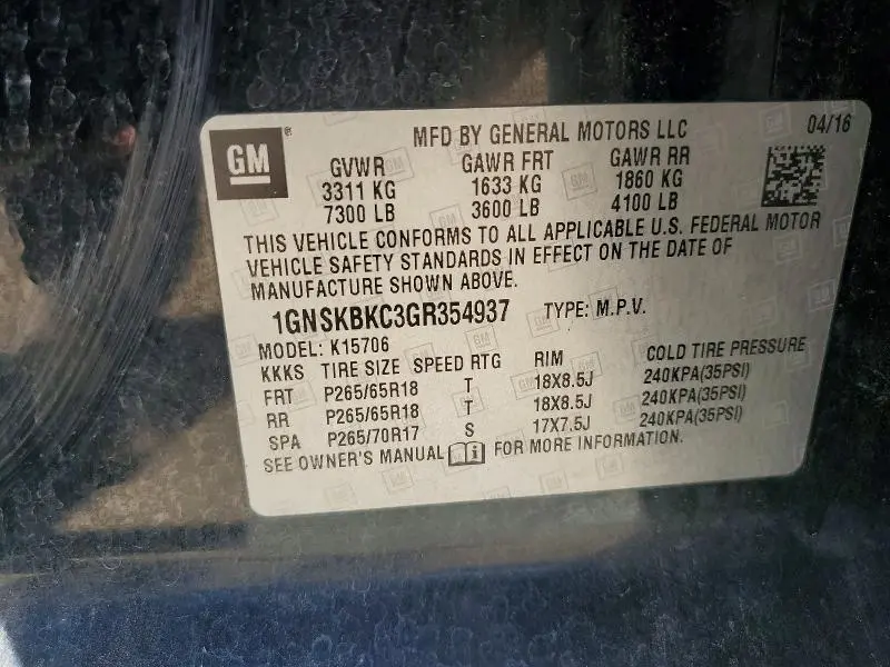 2016 CHEVROLET TAHOE K1500 LT  