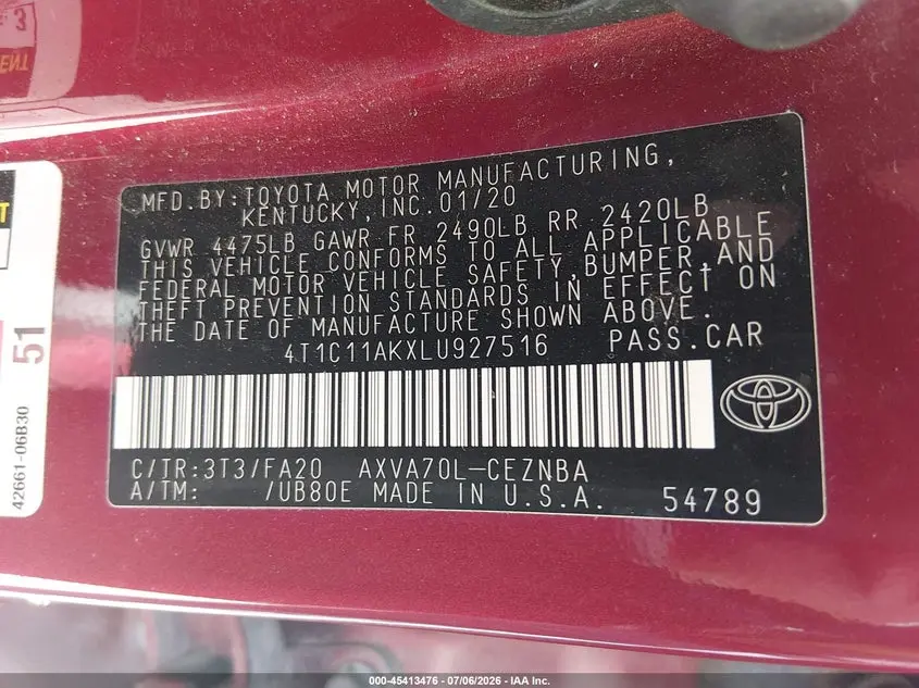 2020 TOYOTA CAMRY LE