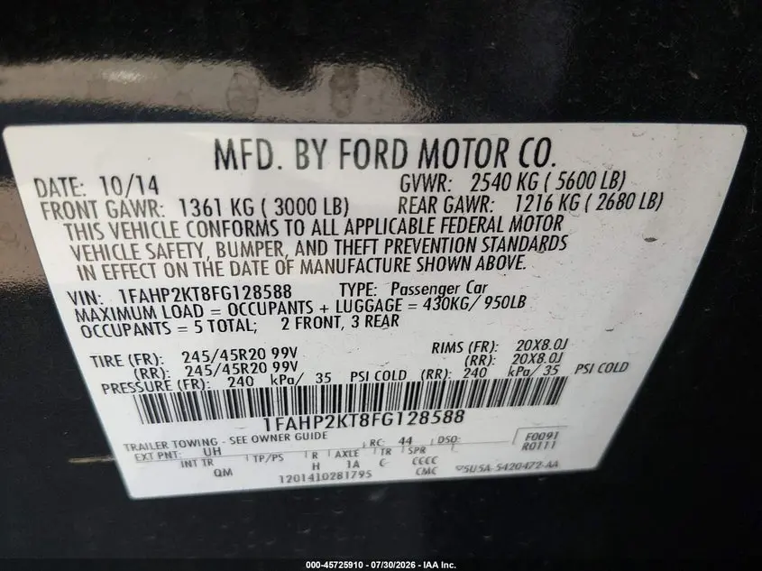 2015 FORD TAURUS SHO