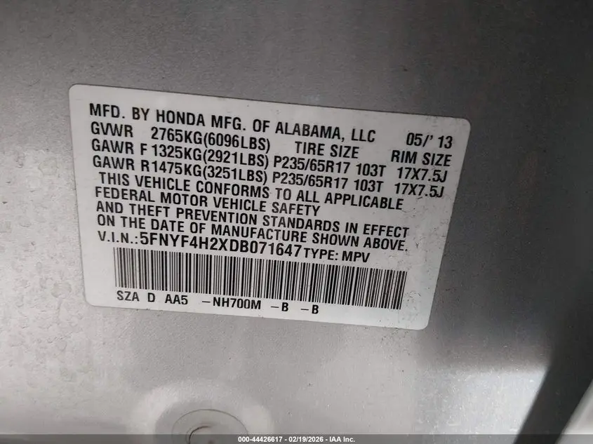 2013 HONDA PILOT LX