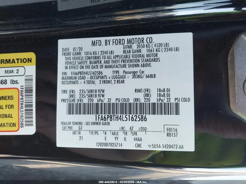 2020 FORD MUSTANG ECOBOOST FASTBACK