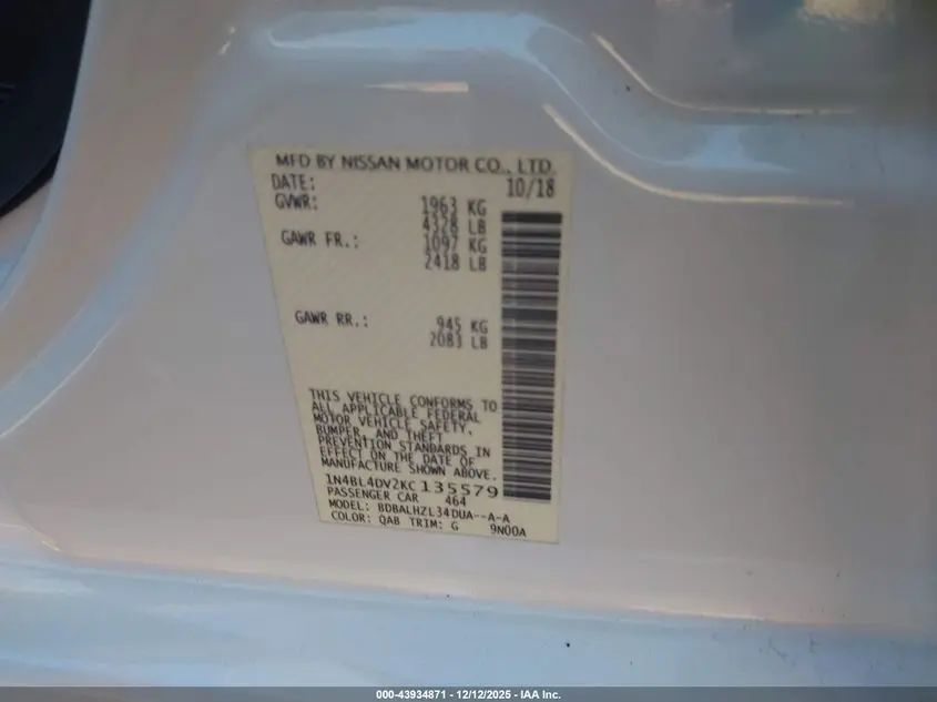 2019 NISSAN ALTIMA 2.5 SV