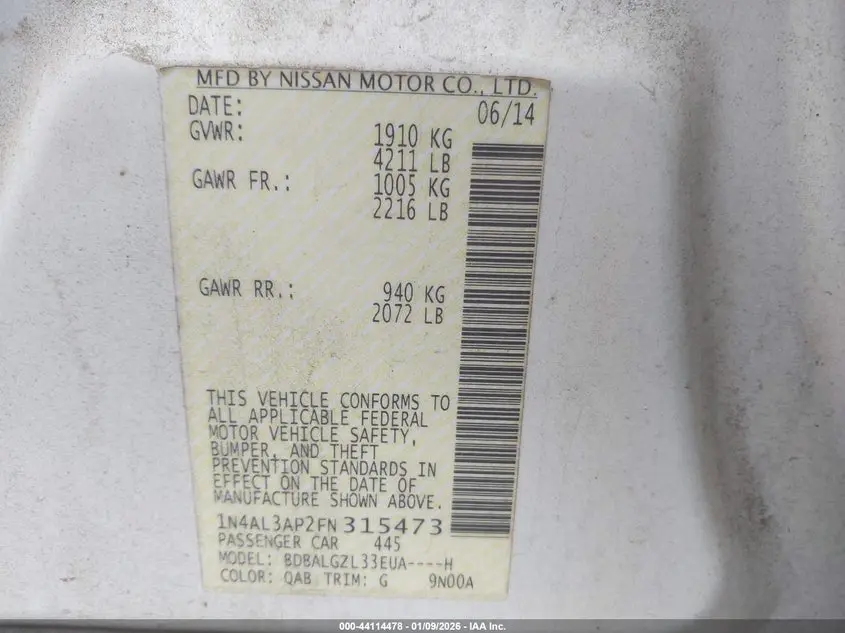 2015 NISSAN ALTIMA 2.5 S