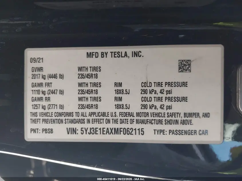 2021 TESLA MODEL 3 STANDARD RANGE PLUS REAR-WHEEL DRIVE