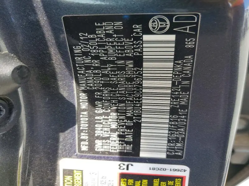 2012 TOYOTA COROLLA LE  