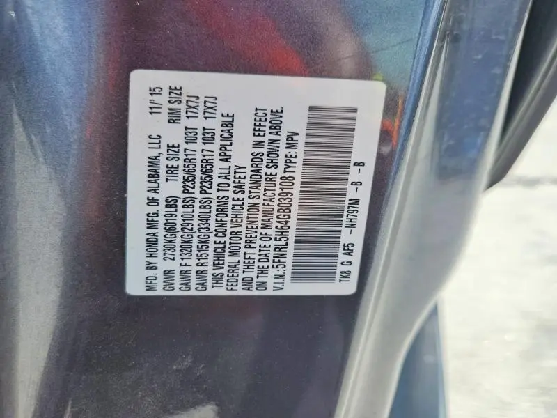 2016 HONDA ODYSSEY EXL  