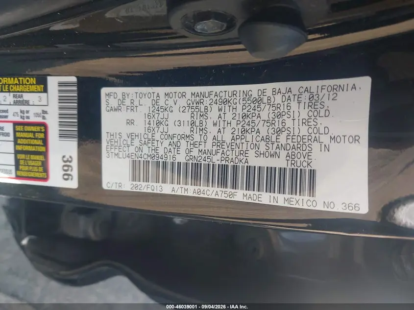 2012 TOYOTA TACOMA BASE V6