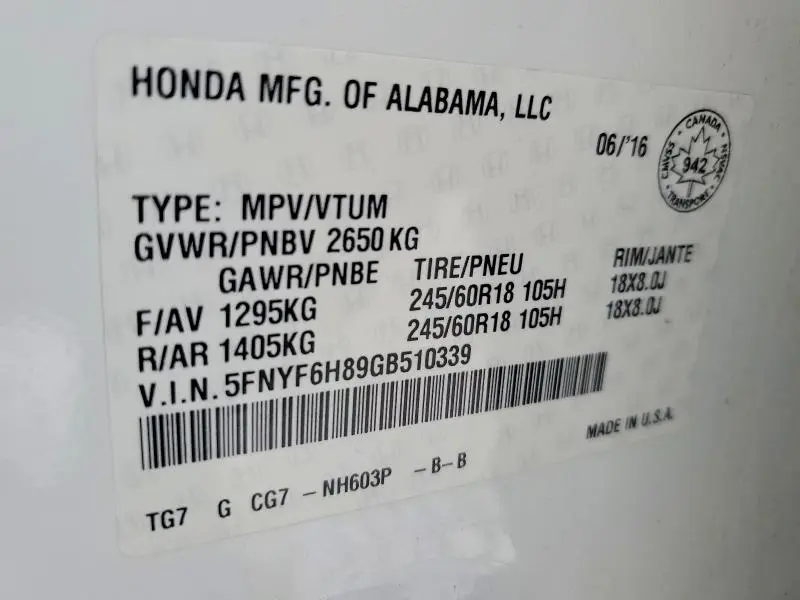 2016 HONDA PILOT EXL  
