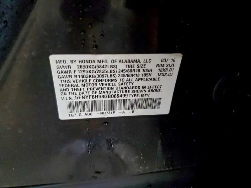 2016 HONDA PILOT EXL  